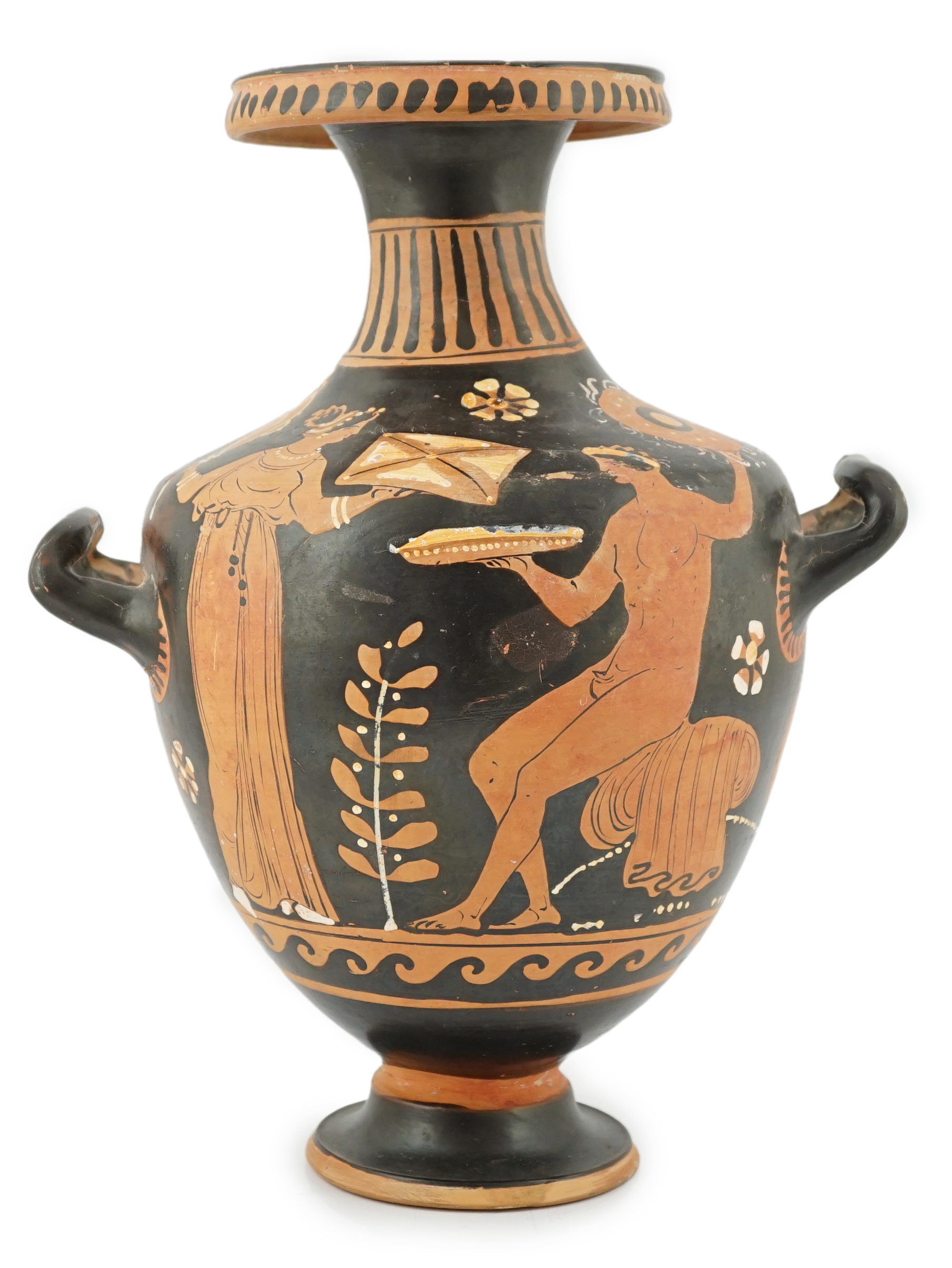 A Greek Apulian Red-Figured Hydria, 4th century BC, manner of the circle of the Darius and Underworld painters, some restoration and cracks